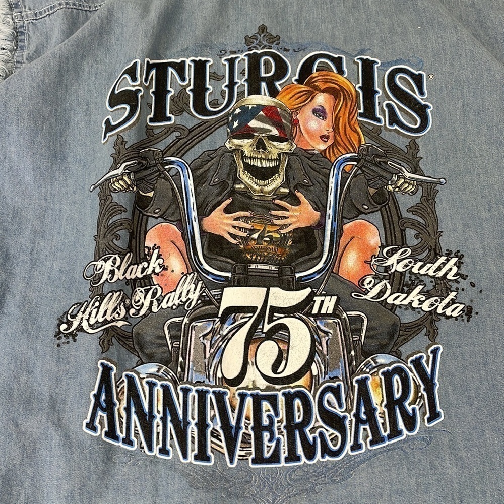 STURGIS MOTORCYCLE BLACK HILLS VALLEY SLEEVELESS JEAN SHIRT SZ XL - Picture 8 of 8